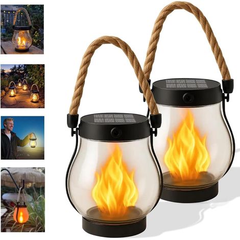 Lanterne solaire extérieure en 2 pièces - 12×13cm - Lanterne solaire à flamme dansante - Lanternes à flamme en corde de chanvre-AquaForge