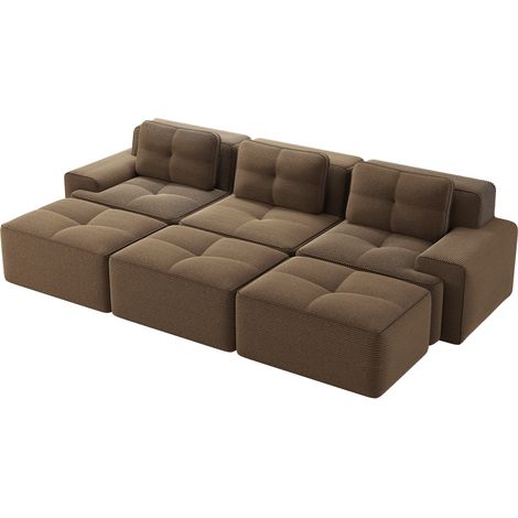 Sofá modular esquinero de terciopelo de cordón marrón, 3 plazas, con función cama y 3 pufs (1/5)
