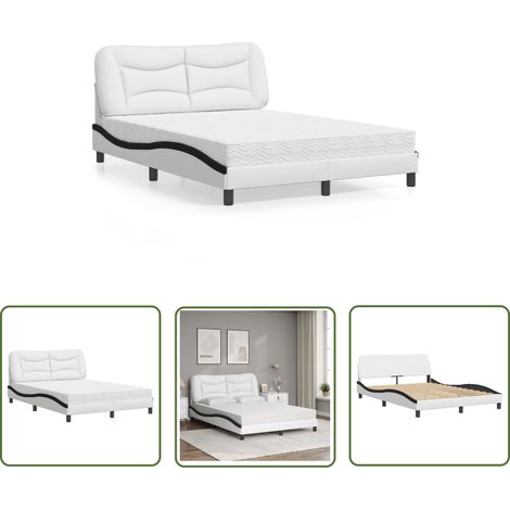The Living Store Bett mit Matratze Weiß und Schwarz 140x200 cm Kunstleder - Betten - Doppelbetten - Boxspringbett - Schlafzimmermöbel - Kunstlederbett (1/5)