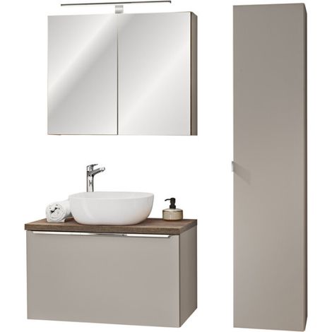 Ensemble complet Salle de Bain - Sous-vasque fermé 80cm + Vasque + Cabinet Miroir LED + Colonne - Taupe et chrome - Rosario - Livraison gratuite