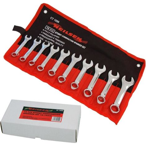 Neilsen 10pc Stubby Polished Metric Combination Spanner Wrench Set 10mm - 19mm (1/2)