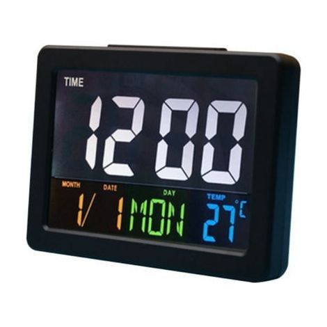 Horloge de jour – Horloge numérique extra large pour malvoyants, alimenté par batterie, réveil numérique LED avec rétroéclairage automatique, jour de la semaine, calendrier et température, horloge num (1/4)