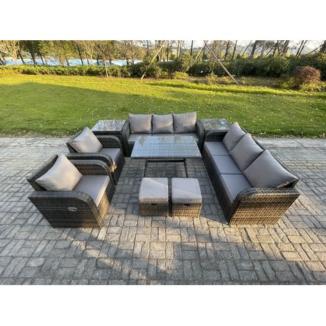Fimous 10-Sitzer Rattan Gartenmöbel Sofa Set Tisch & Stühle Set mit 3-Sitzer Sofa Rechteckiger Esstisch 2 kleinen Hockern 2 Beistelltischen Dunkelgrau Gemischt (1/5)