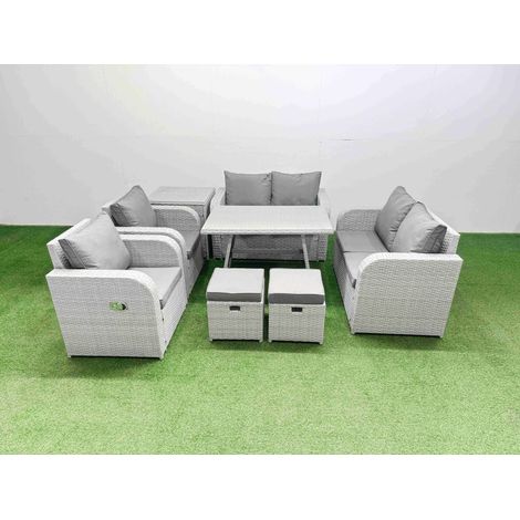 Fimous 8 Seater Rattan Garden Furniture Set Outdoor Love Sofa Set with Rectangular Dining Table Side Table 2 Small Footstools Light Grey (1/4)