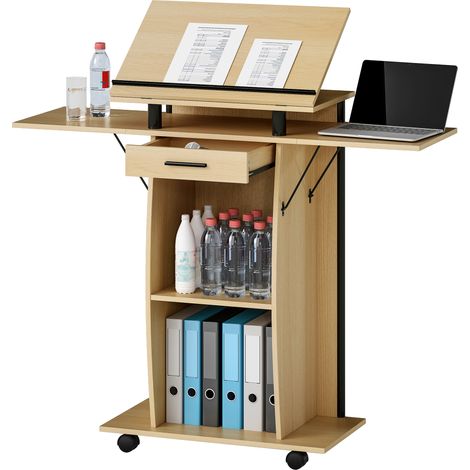 Pupitre roulable avec ailes latérales pliables, table d'ordinateur portable, tiroir et étagères, aspect chêne