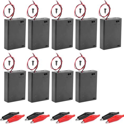 4pcs Support de Batterie,Batterie Stockage Boite,avec Interrupteur on/Off,Boîte à Piles en Plastique+Pinces Crocodile（Noir avec Couvercle ）