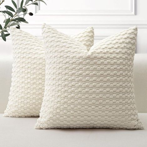 Set di 2 federe decorative in velluto a coste granulato, morbide federe geometriche per divano, casa, soggiorno, camera da letto, divano, 40x40 cm, crema beige (1/4)