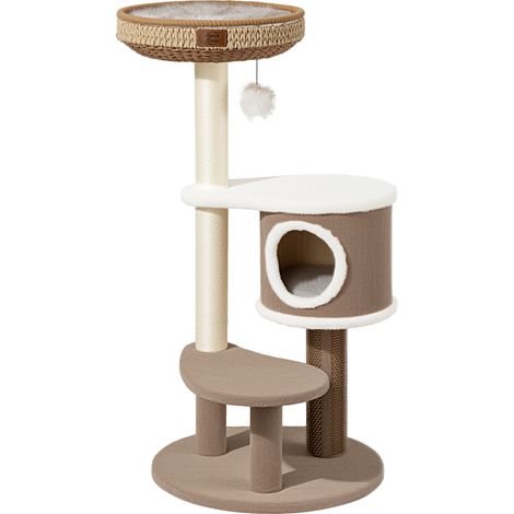 Fudajo Forest Lodge Albero tiragraffi da 117 cm beige, graffiatoio con casetta per gatti, cuccia, elemento massaggiante e tronchi da graffiare in corda di carta (1/5)