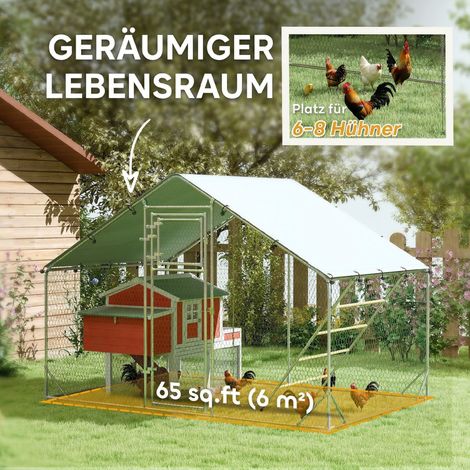 Enclos extérieur pour poules pondeuses, abri volaille avec bâche anti-UV, grillage métallique robuste, distributeur automatique de nourriture, capacité 6-8 poules