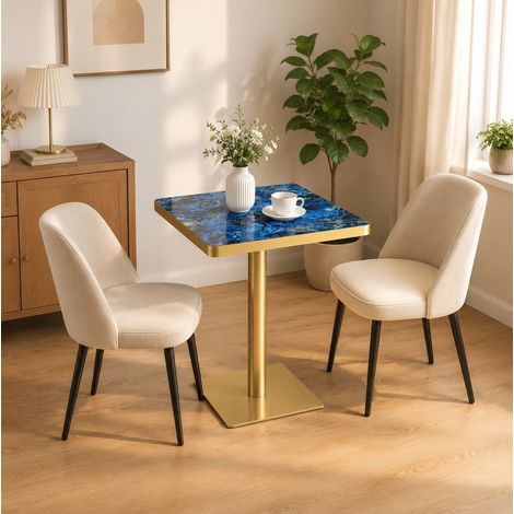 Tavolo da pranzo quadrato 60x60 cm per 2-4 persone, piano effetto marmo con bordo dorato, struttura in metallo blu. (1/5)