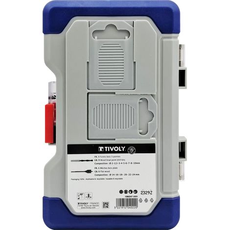 Tivoly • Scatola da 15 pezzi -9 Punte per legno a 3 punte Ø da 2 a 10 mm + 6 Punte per legno piatte Ø da 14 a 24 mm