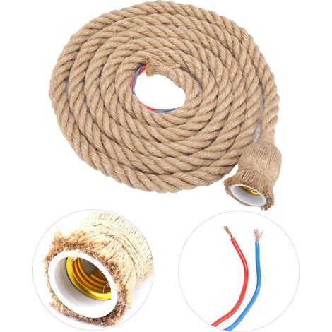 Suspension vintage en corde de chanvre avec douille pour ampoule, idéale pour la décoration de chambre (85-265V, 4 m, 2 têtes). (1/5)