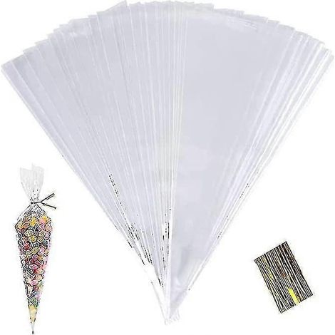 100 sachets coniques transparents, sachets en cellophane pour bonbons, sachets triangulaires en plastique de 25 x 13 cm avec attaches pour aliments (1/4)