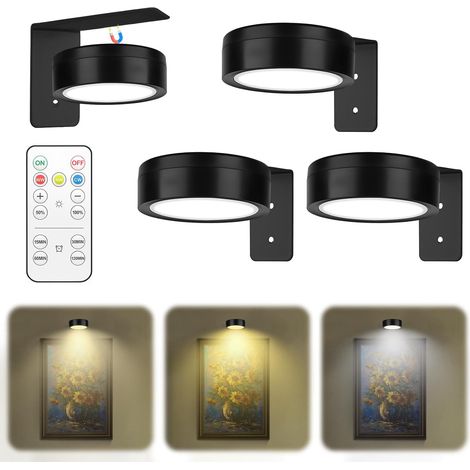 Lot de 3 Applique Murale, LED Sans Fil, Magnétique, 3 Températures, Télécommande, Pour Tableau (1/5)