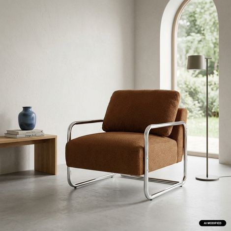 Fauteuil vintage tissu chenille armature chromée terracotta - Joe