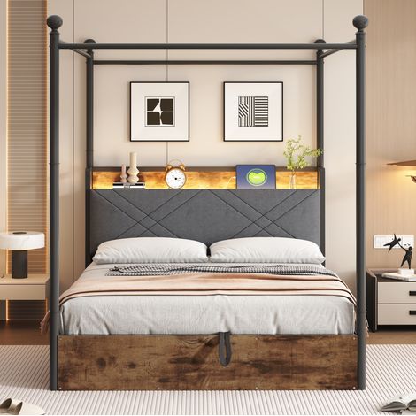 Lit adulte rangement 140x190 métal noir baldaquin LED HAVRYA (1/5)