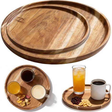 Set aus 2 runden Holztabletts – 25 cm + 20 cm – Serviertablett aus Akazienholz – Serviertablett aus Bambus (1/5)