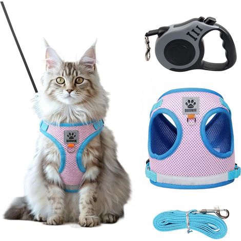 Harnais Chat Petit Chien Laisse Harnais Chaton Réglable Collier Harnai Chat Refléchissant Gilet Respirant,Une Laisse de 1,5 M et Une Laisse Rétractable Automatique de 5m (M) (1/5)