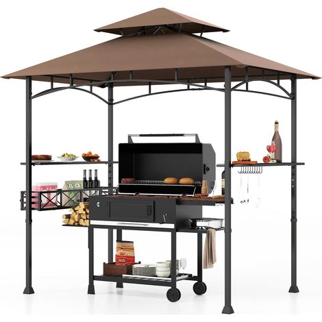 Goplus – Tonnelle pour barbecue 242x153x250 cm – Abri extérieur avec toit souple à 2 niveaux – 10 crochets et étagères de rangement – Structure robuste en métal (1/5)