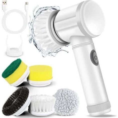 Brosse de nettoyage manuelle électrique avec 5 têtes interchangeables, rotative, idéale pour joints de carrelage, salle de bain et sols (1/4)