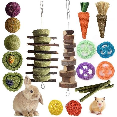 Jouets de mastication - PZCC - 16 pièces - Bois naturel - Pour petits rongeurs - Soins dentaires (1/4)