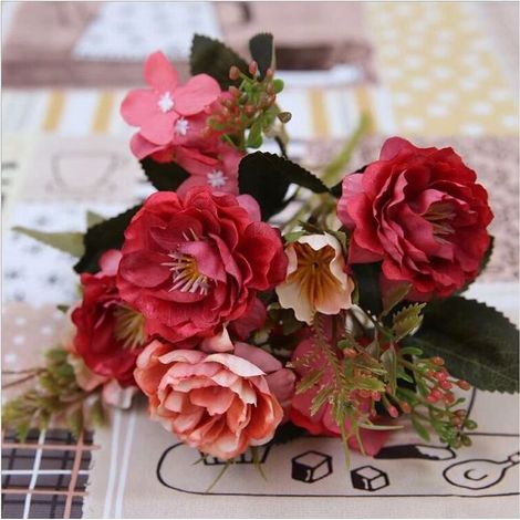 Bouquet d'imitation de petites roses de style européen, décoration de la maison de fleurs d'imitation, bouquet d'imitation (rouge) (1/5)