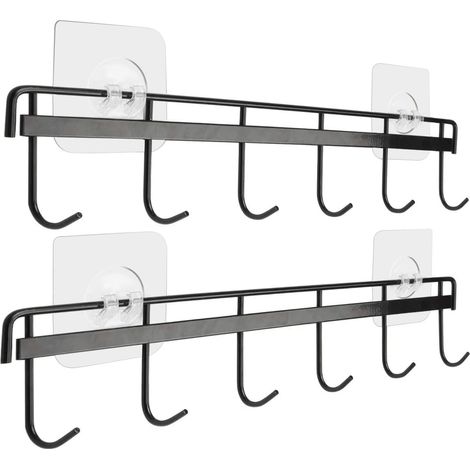 Crochets muraux adhésifs pour cuisine, porte-ustensiles gain de place, fixation murale sans perçage, avec 6 crochets pour cuisine, salle de bain et chambre (lot de 2). (1/5)