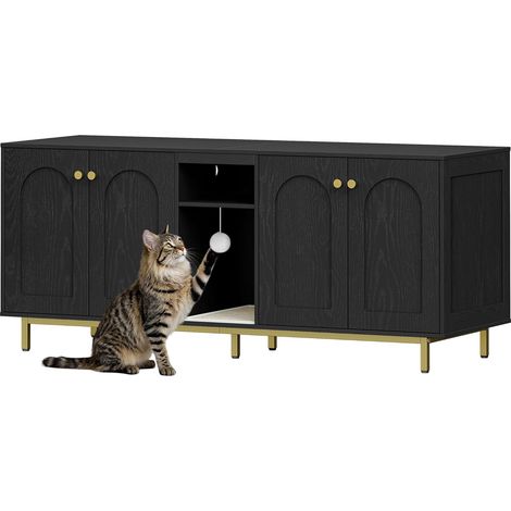 Meuble Litiere pour 2 Chats, Maison de Toilette Chat, Maison Cachée pour Chat avec Chambres Doubles, avec Espace de Rangement, Balle en Peluche,Noir et Or (1/5)