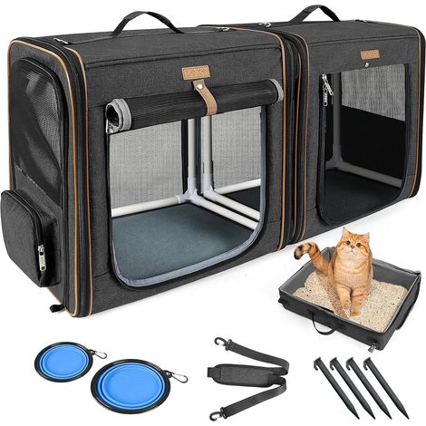 Boîte De Transport 2 en 1 pour Chien Et Chat avec Cadre en Fibre Solide, Pliable Et Adaptée Comprenant Une Litière pour Chat, 2 Bols Et 2 Tapis pour Animaux - Noir (XL) (1/5)