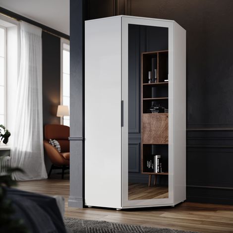 ELEGANT Wardrobe Single Door 800 x 800 x 1860 mm High Gloss Corner Wardrobe with Mirror White Bedroom Stoarge Furniture with Shelves, Hanging Rails (1/5)