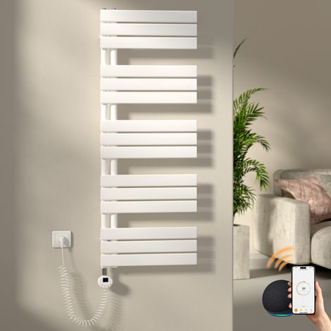 Elektrischer Handtuchheizkörper 1320 x 500 mm, 800 W, WiFi, Heizstab mit Thermostat, Weiß – S'AFIELINA