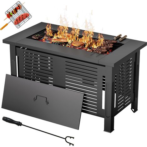 YODOLLA Holzbrennender Feuertisch, 3-in-1 Gartenfeuerstelle, Metallfeuerkamin für Outdoor Party, 108x58x63cm, Schwarz (1/5)