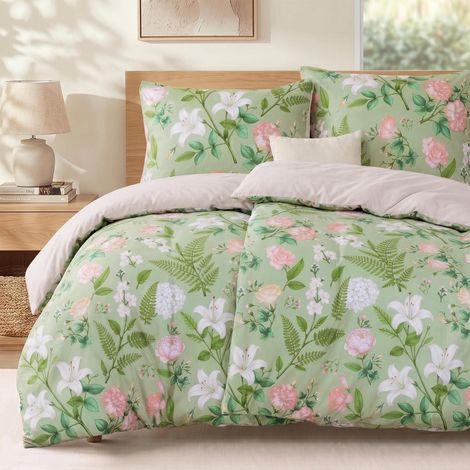 Bettwäsche-Set 4-teilig 135x200cm mit Blumenmuster, Mikrofaser, Grün