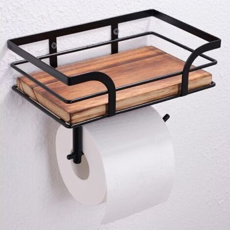 NALOOKAMIC Porte-papier toilette avec étagère, boîte à lingettes humides - Support en bois - Porte-rouleau de papier avec perçage - Montage mural pour salle de bain