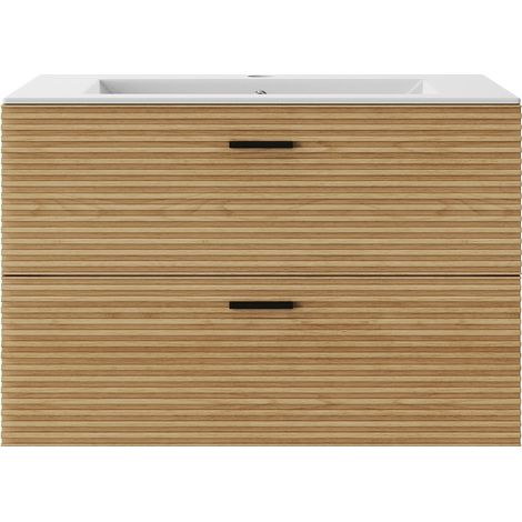 Meuble de salle de bain suspendu strié avec vasque à encastrer - 2 tiroirs - Naturel clair - 80 cm - SARONE (1/4)