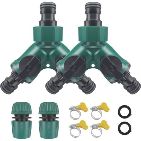 SABIR Lot de 2 séparateurs de tuyau d'arrosage 2 voies pour l'extérieur avec valve de contrôle avec 2 embouts de tuyau de raccordement rapide, 4 clips de tuyau réglables et 2 rondelles— (1/5)