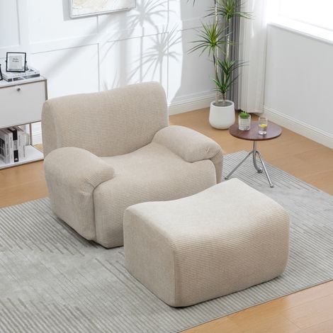 Fauteuil Sessel Chenille avec Pouf, Mousse Haute Résilience 30D, Livré sous Vide, Sans Montage, Idéal Salon & Petits Espaces, Beige Sable (1/5)