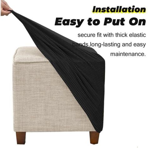Housse pouf carré extensible jacquard noir fond élastique 1 pièce (1/5)