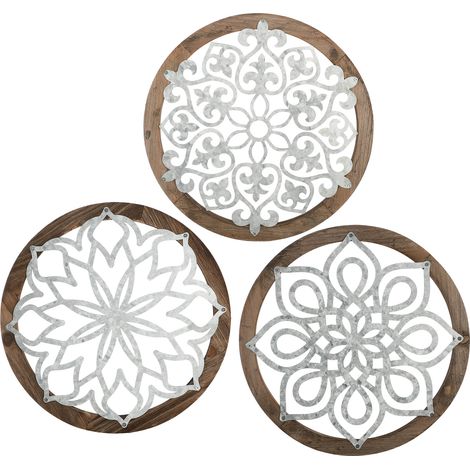 Vintage-Wanddeko aus Holz – 3er-Pack handgefertigte runde Skulpturen – Hängender Schnitzschmuck (1/5)