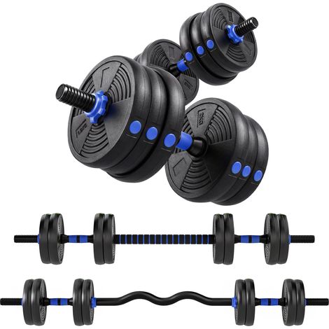 Kit haltères musculation - SPORTNOW - 15 kg - 3 en 1 - poids réglable - avec barre d'extension, poignée antidérapante - bleu et noir
