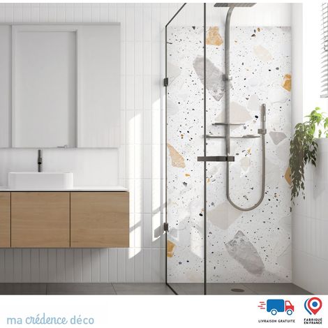 Panneau de douche : Terrazzo et pierres naturelles - Couleur Beige marron - Alu composite - 90 - 245 (1/3)