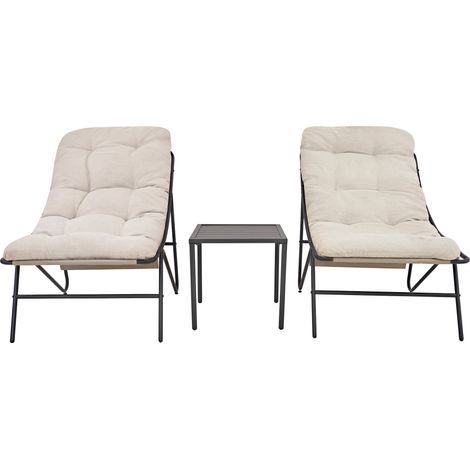 Conjunto de Jardín 3 Piezas Gris y Crema con 2 Sillones Lounge, Cojines Gruesos de 10 cm, Mesa Auxiliar, Estructura de Acero y Funda para Terraza, Patio y Balcón
