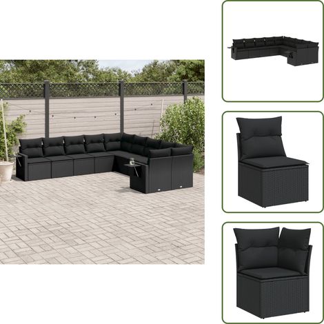 10-tlg. Garten-Sofagarnitur mit Kissen Schwarz Poly Rattan - Gartengestell - Gartenmöbelset - Outdoor Möbel - Lounge Set - Rattan Gartenmöbel (1/5)