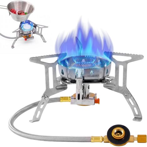 Réchaud de camping à gaz - 3500 W - Coupe-vent - Avec allumage piézo - Réchaud à gaz pliable avec adaptateur - Mini réchaud à gaz pour extérieur, cuisine, trekking, randonnée, pique-nique (1/5)