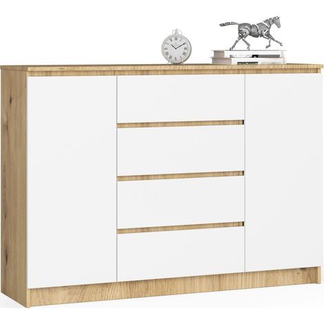 Commode AKORD K140 Chêne Artisan 138 cm 2 portes 4 tiroirs façade Blanche 4 étagères 138x40x99 cm (1/4)