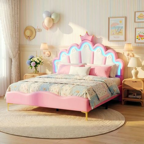 Letto Matrimoniale Principessa Corona 140x200 cm con LED Struttura Letto Imbottita in Ecopelle Testiera Nuvola Regolabile in Altezza - Rosa (1/5)