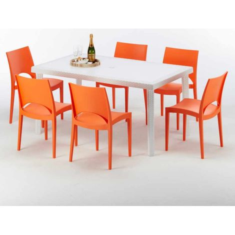 Weiß Rechteckig Tisch und 6 Stühle Farbiges Polypropylen-Außenmastenset Grand Soleil Paris Summerlife - Orange