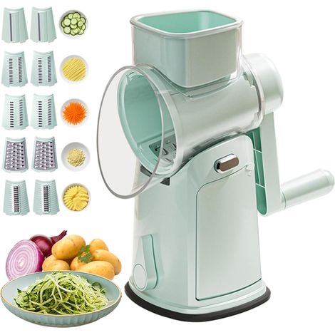 5-in-1-Rotationskäsereibe, Gemüsehobel, Handkurbelbetrieb mit Saugnapfbasis, sichere Mandoline mit 10 Klingen und Spritzschutz, professionelles Küchenwerkzeug