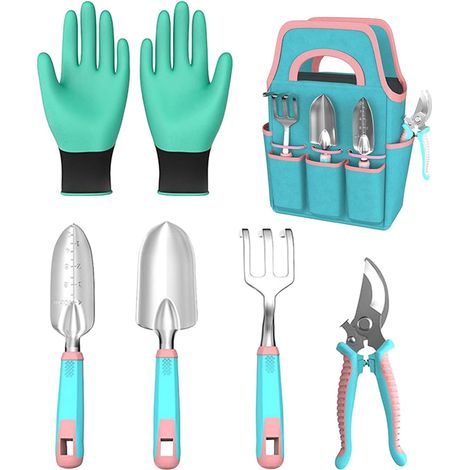 Ensemble d'outils de jardinage Truelle râteau sécateur avec gants Kit de jardinage avec sac Pour intérieur et extérieur, pelouse, jardin, terrasse, balcon, serre (1/5)