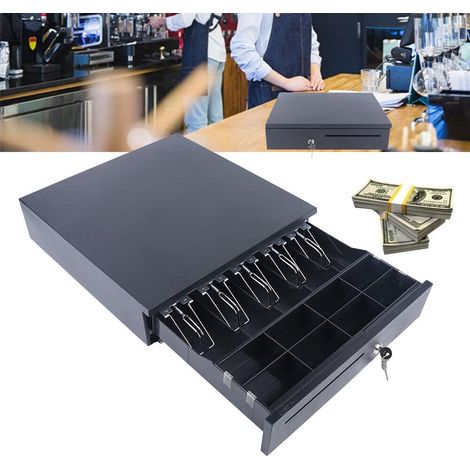 Kassenschublade mit manueller Öffnung Mechanische Kassenschublade RJ11-Schnittstelle, 5 Scheine + 8 Münzen, 40,5 x 42 x 9,5 cm, Schwarz (1/5)